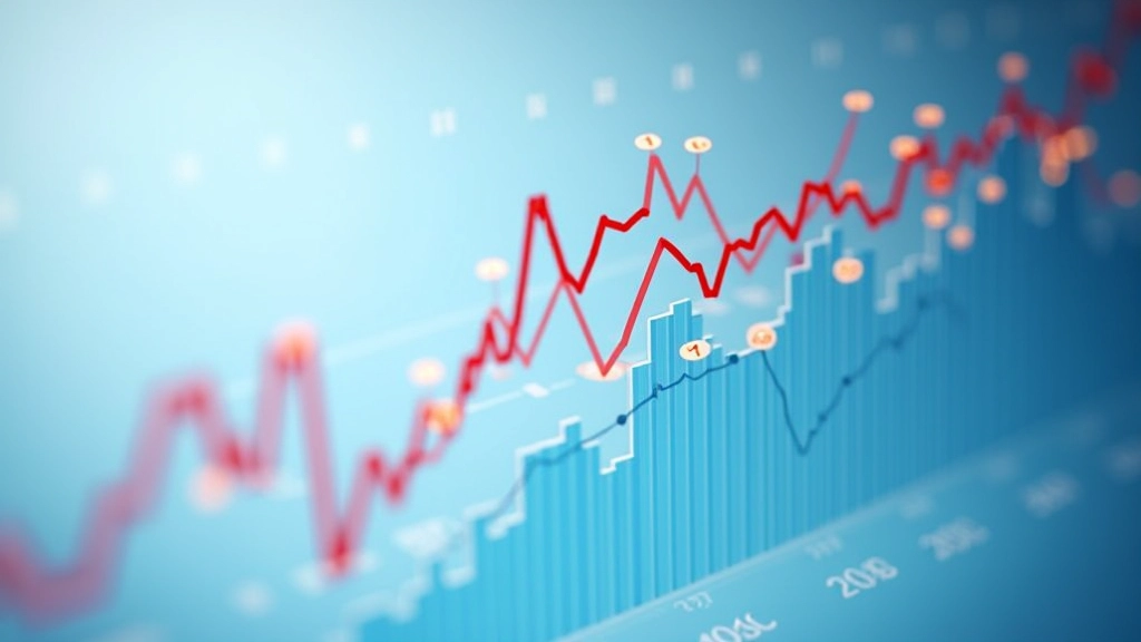 Grafické znázornění ekonomických ukazatelů s barevnými čarami a datovými body na tmavém pozadí