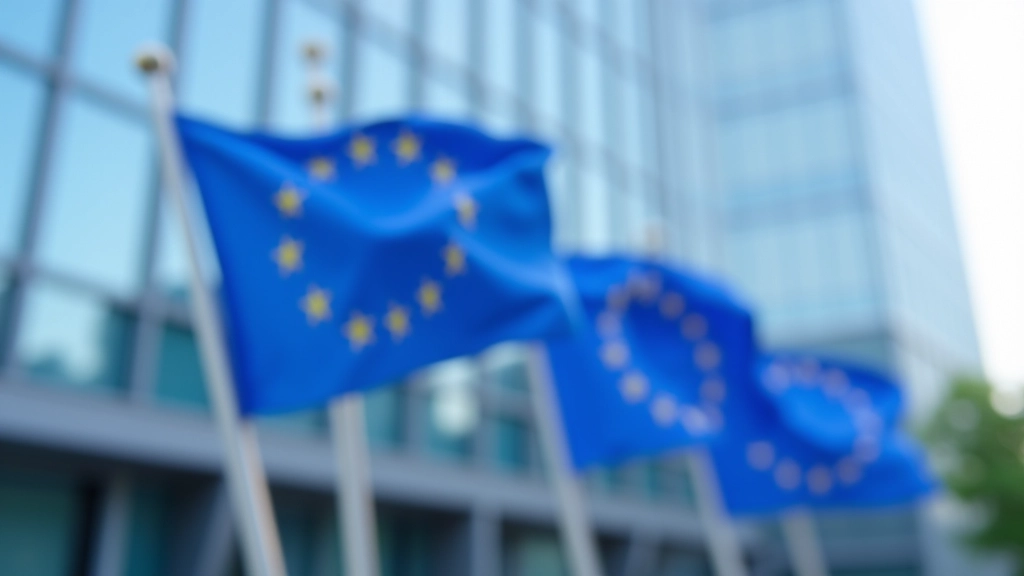 Evropské vlajky před budovou institucí s kancelářskými okny a moderní architekturou